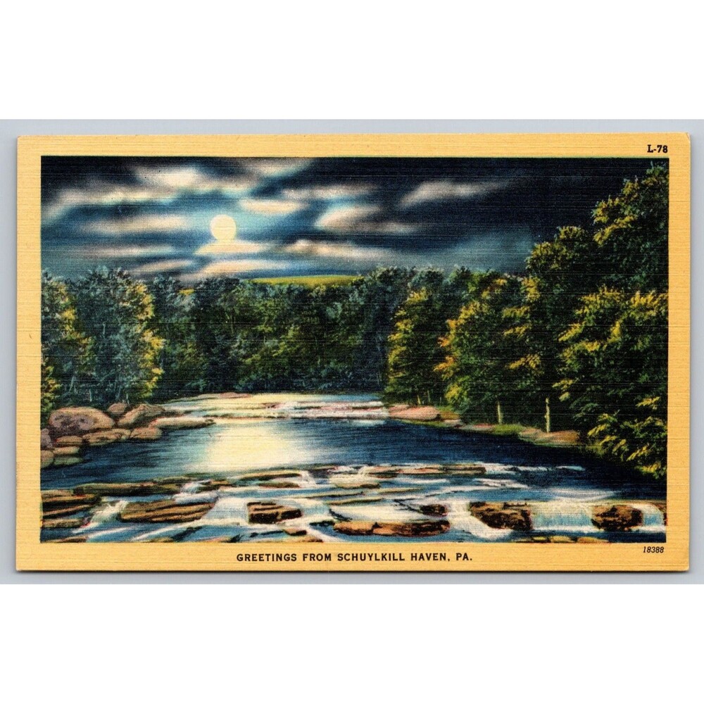 Vintage Linen Postcard Greetings From Schuylkill Haven PA Moonlit River Scene